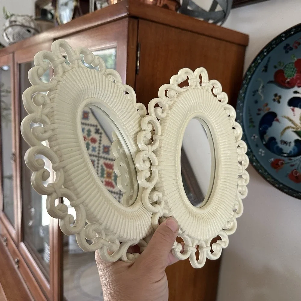 Set 2 Homco Oval Mirror Wall Decor Faux Rattan 1978 Boho Retro White Cottagecore